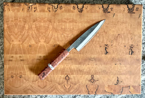 4.5” Petty knife w/ Redwood lace burl handle & turquoise and gold inlay (10.5” long)