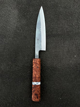 Load image into Gallery viewer, 4.5” Petty knife w/ Redwood lace burl handle &amp; turquoise and gold inlay (10.5” long)
