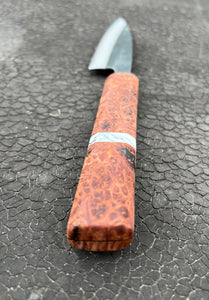 4.5” Petty knife w/ Redwood lace burl handle & turquoise and gold inlay (10.5” long)